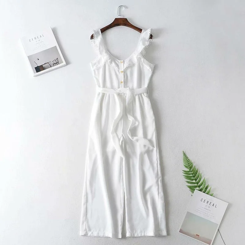 PUWD Sweet Women White V Neck Ruffles Jumpsuits 2021 Summer Fashion Ladies Sashes Rompers Female Beach Holiday Rompers