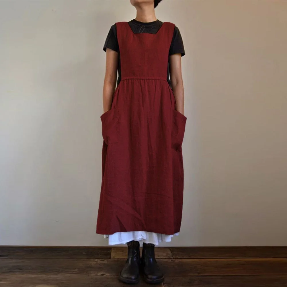 Dresses for Women 2021 Solid Color Sleeveless Square Neck Pockets Cotton Linen Apron Loose Long Dress Casual Overalls