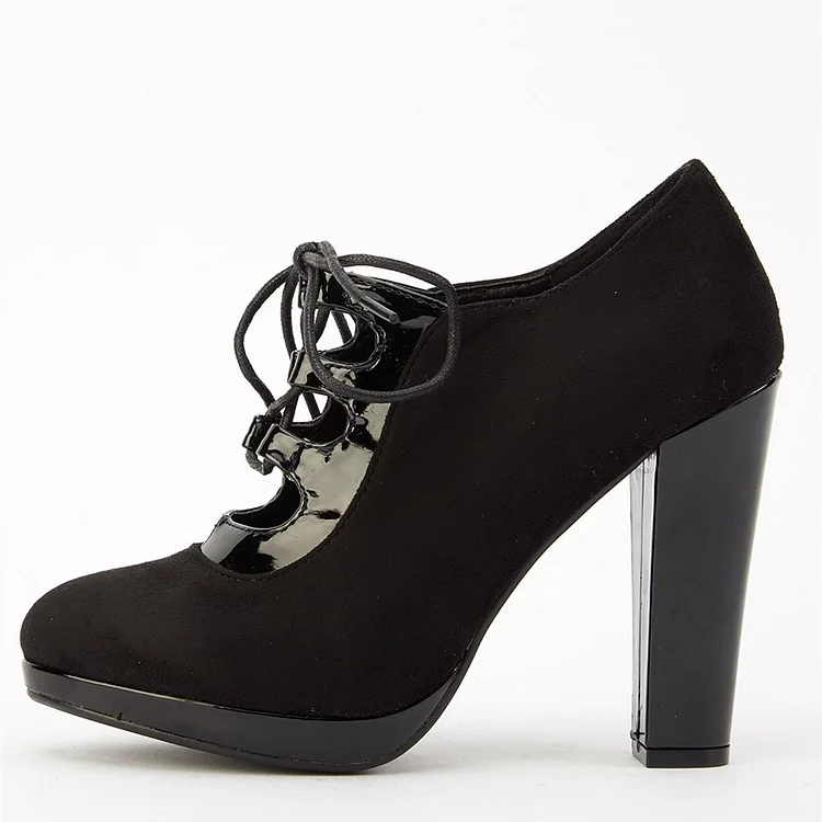 Black Vegan Suede Lace Up Boots Platform Chunky Heel Boots |FSJ Shoes