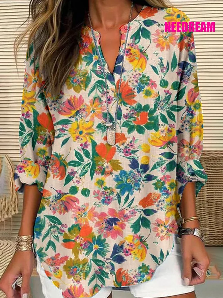 Womens Floral Pattern Cotton Long Sleeve Crew Neck Shirt 