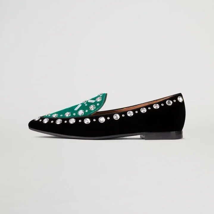 TAAFO Green And Black Studs Flat Loafers For Women