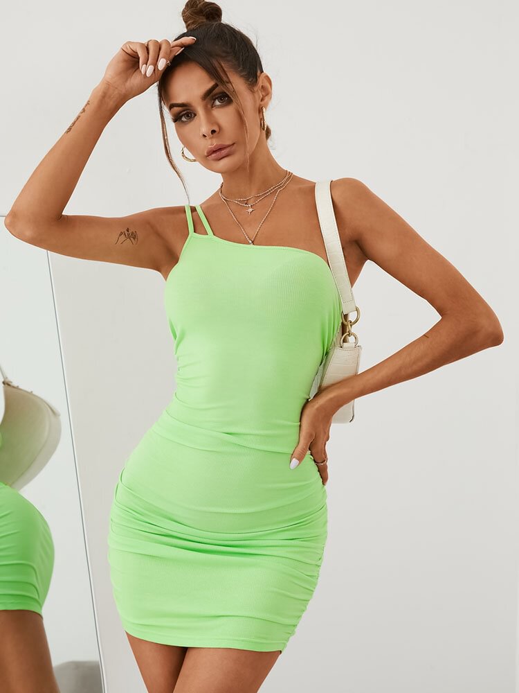 Solid Backless Irregular One Shoulder Mini Bodycon Sexy Dress