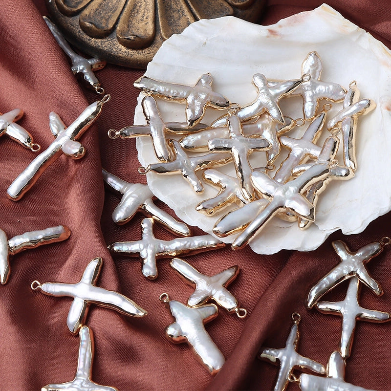 1 Piece 40mm Freshwater Pearl Copper Gold Plated Cross Jewelry Accessories Pendant