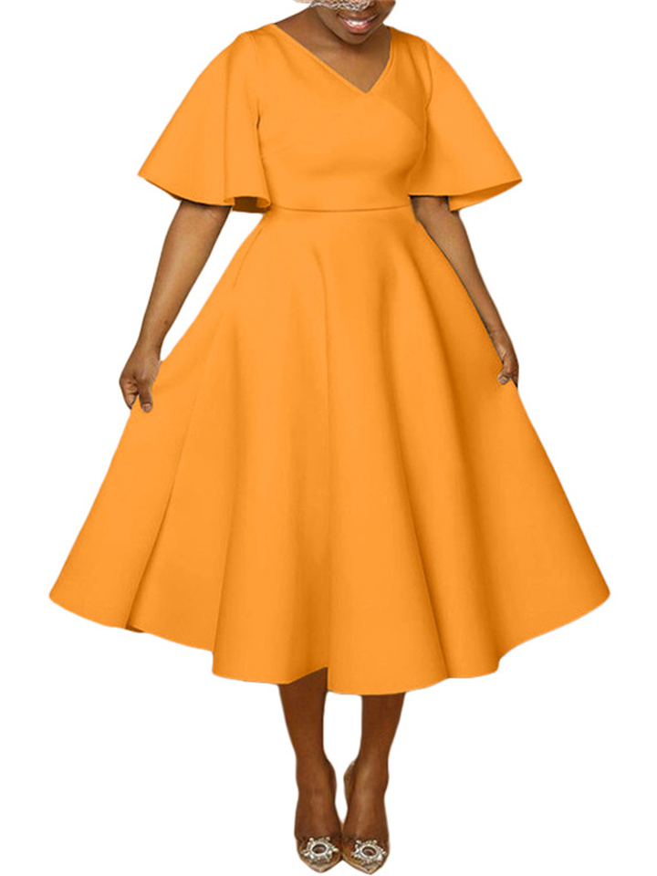Solid Color Thickened Loose Oversized Swing Dress Five Pointed Sleeve Flared Sleeve Zipper V Neck High Waist Dresses