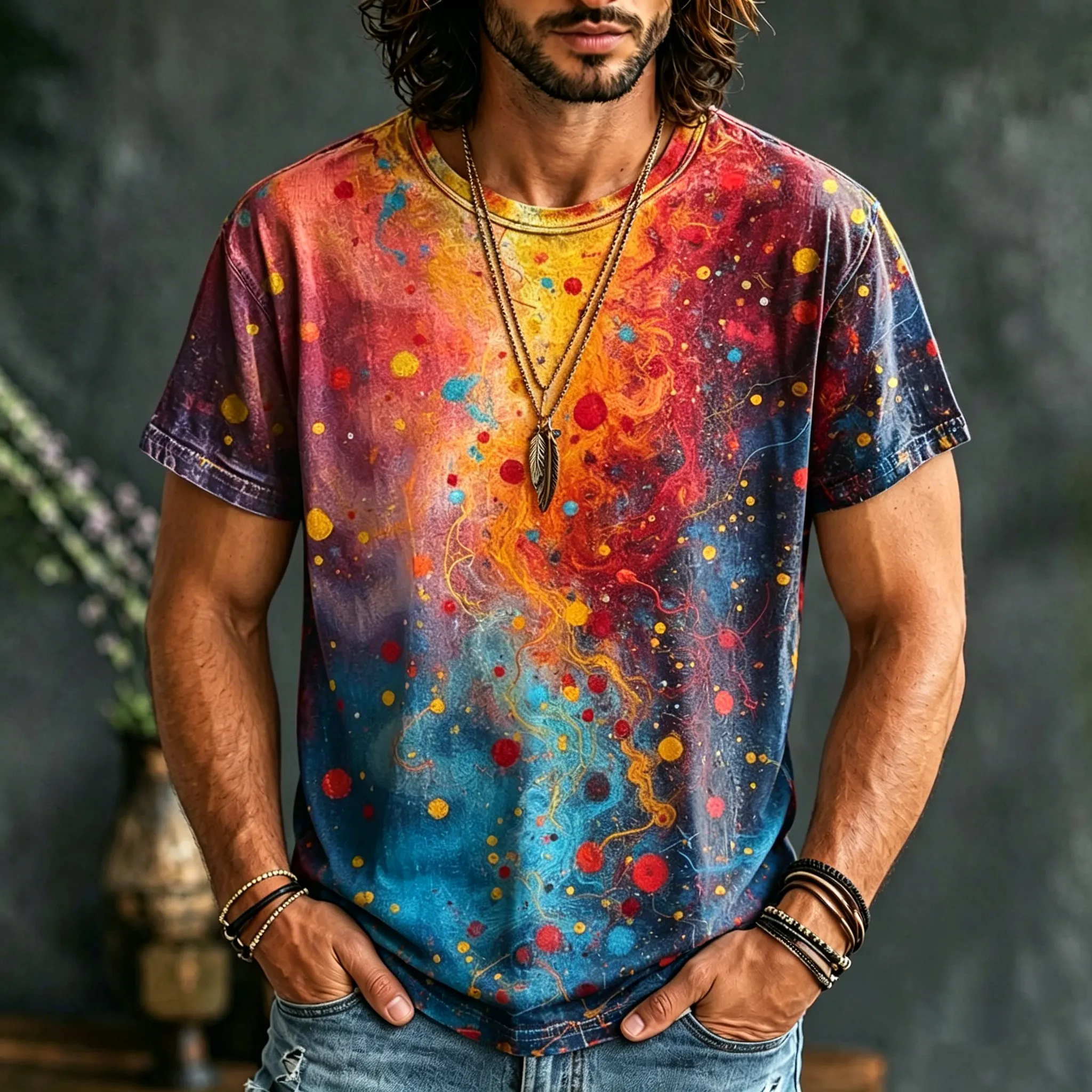 Men's Hippie Vintage Polka Dot Tie Dye Print T-shirt elevenforest