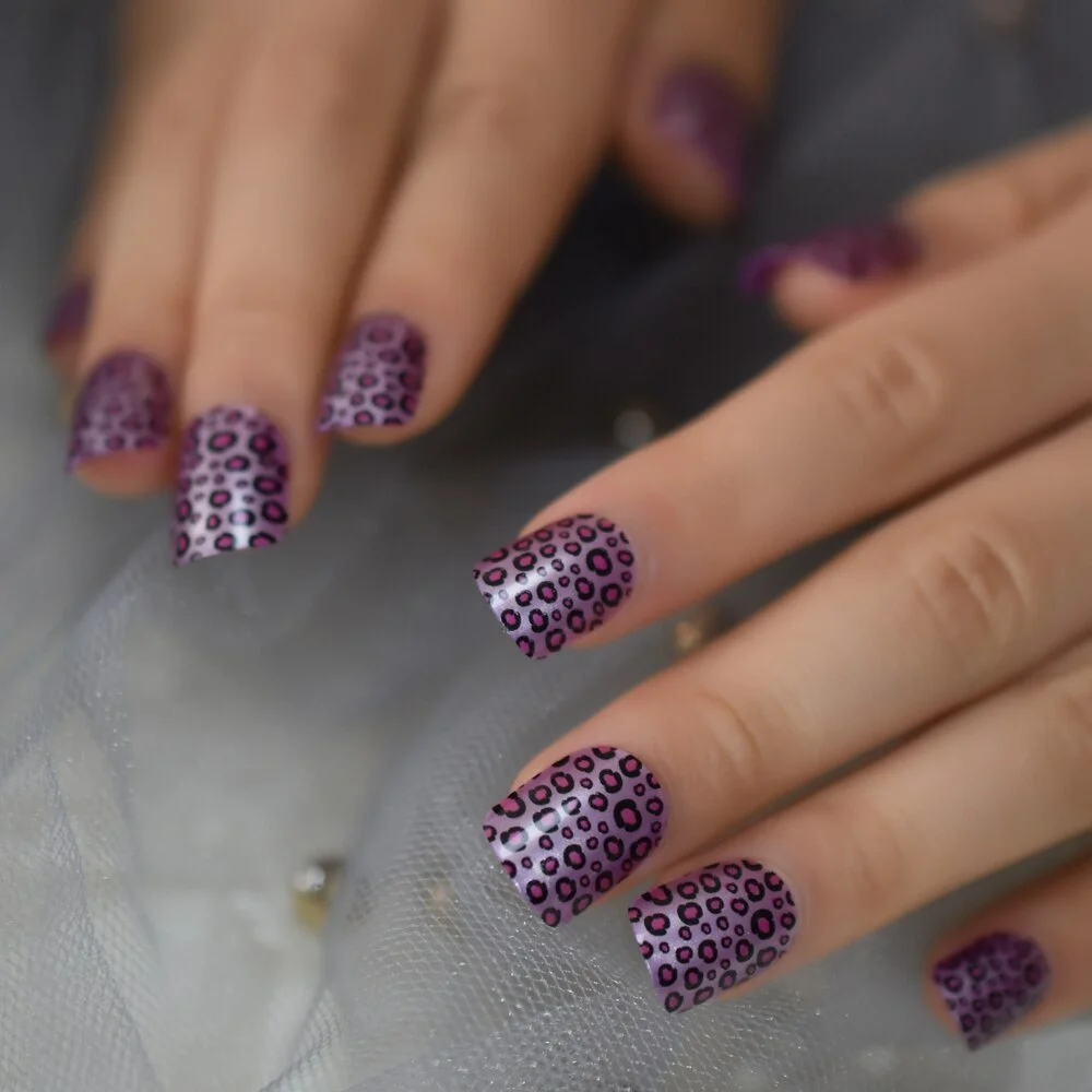 Kids Nail Art Tips Purple Pink Leopard Pattern Girl False Nails Small Size Student's Gift-Nail Inspo