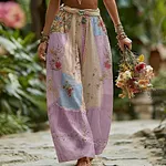 Women's Rose Floral Patchwork Casual Resort Linen Blend Pants - Image 5