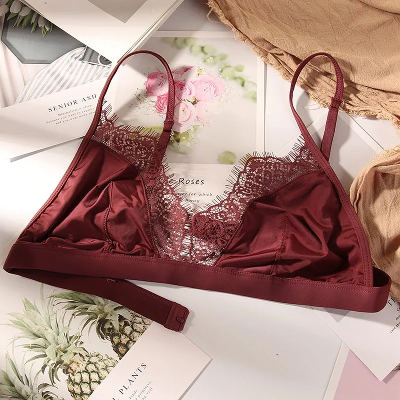 Sexy Bralette Eyelash Lace Bra Women Thin Brassiere Wireless Seamless Underwear Female 3/4 Cup Intimates Lingerie Satin Bralet