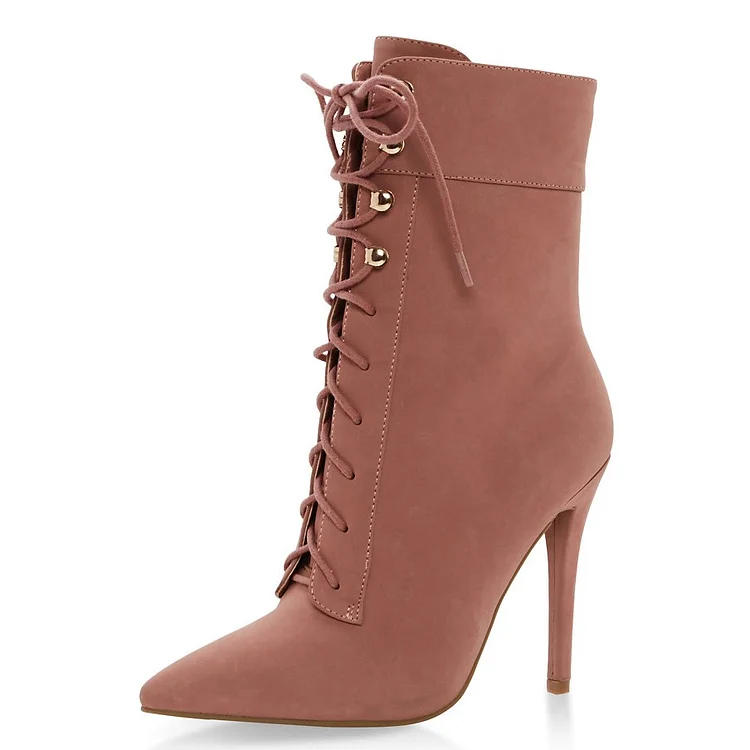 Pink Suede Lace up Pointed Toe Stiletto Booties Vdcoo