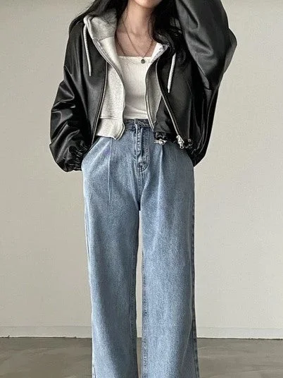 Brownm Black Leather Jacket with Drawstring and Collar Collar