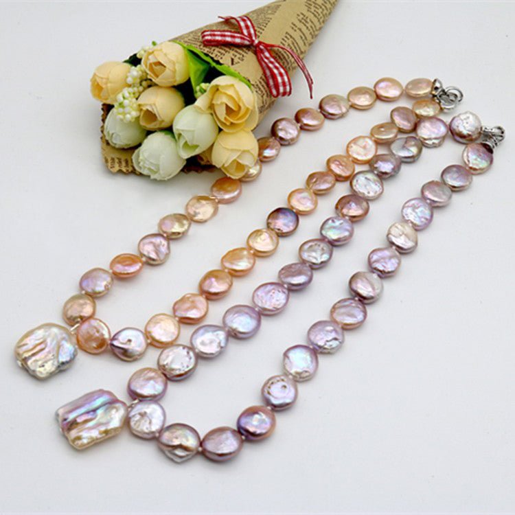 Baroque Button Shaped Pearl Necklace | Large Grain Freshwater Pearls | Pink and Purple Mixed Color Pendant Gift
