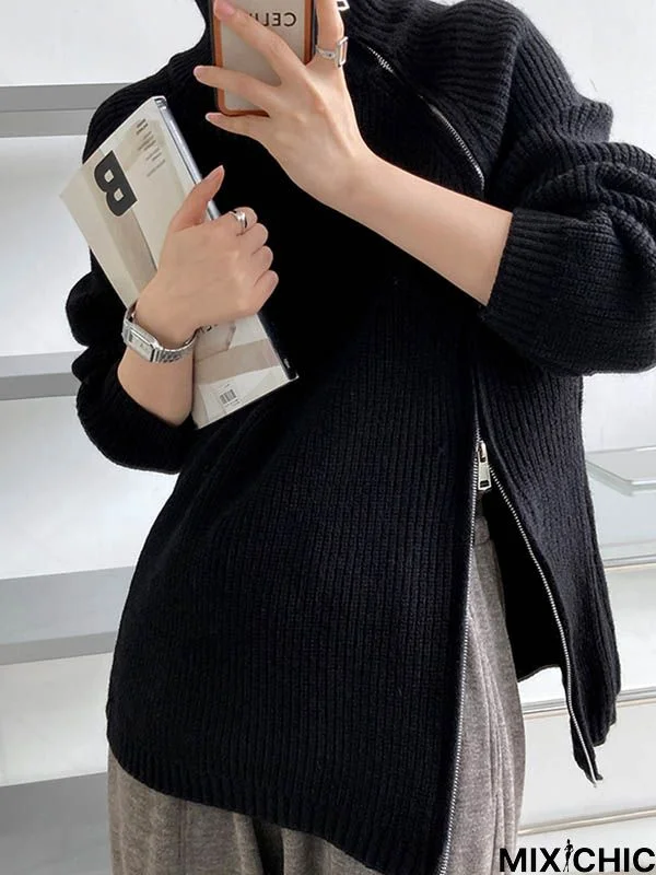 Long Sleeves Loose Split-Joint Split-Side Zipper High Neck Sweater Tops