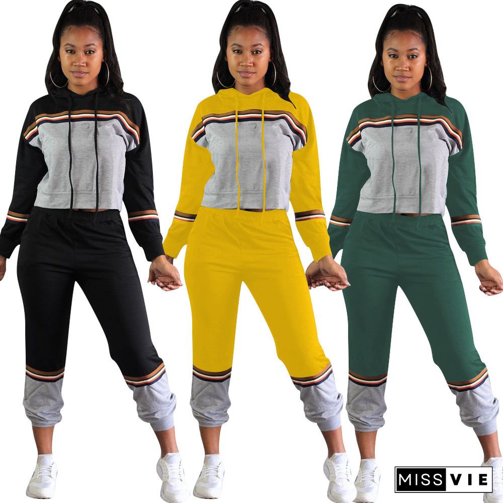 Fashion Splicing Color Hoodie Casual Pants Two-piece Set