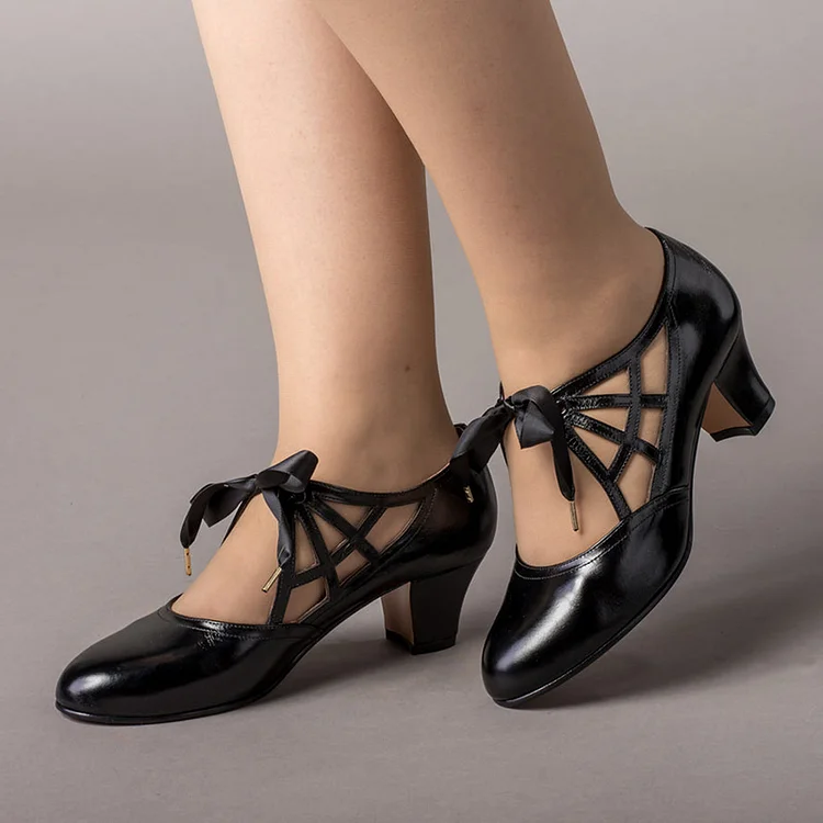 Black Round Toe Patent Shoes Classic Block Heel Lace Up Loafer Pumps |FSJ Shoes