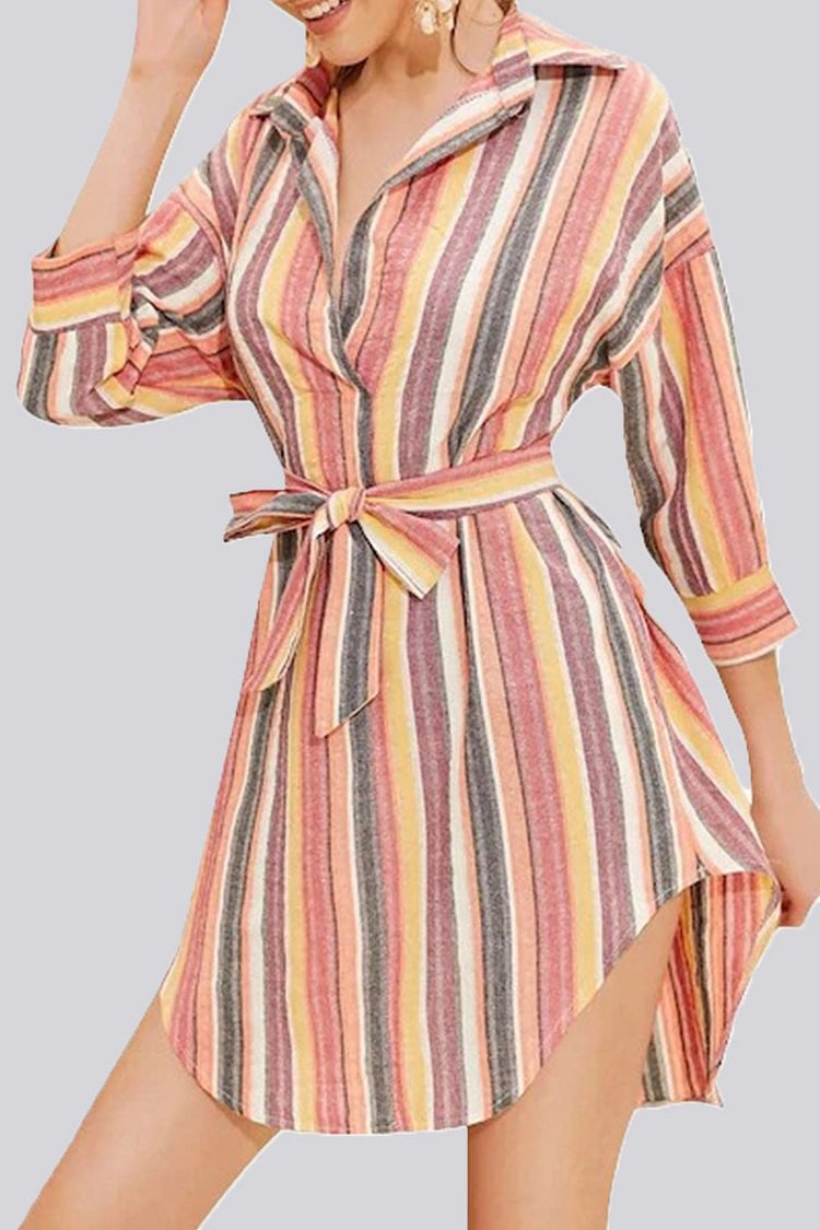 Fashion Casual Striped Split Joint Turndown Collar A Line Dresses