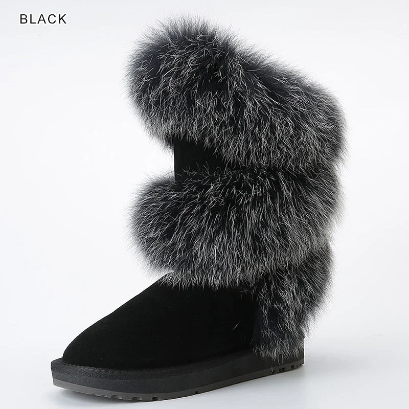 Vstacam Luxurious Fashion Real Soft Arctic Fox Fur Winter Snow Boots for Women Knee High Keep Warm Shoes Cow Suede Leather Black