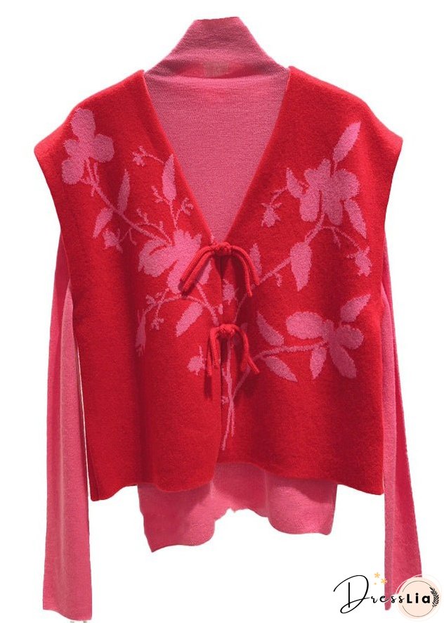 Loose Red Button Patchwork Tops And Waistcoat Knit Two Pieces Set Fall