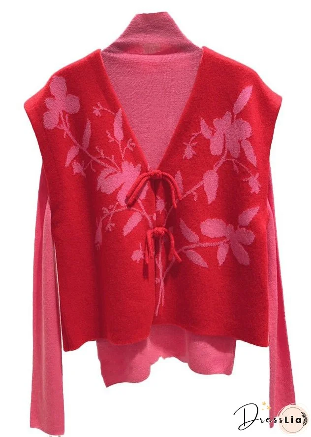 Loose Red Button Patchwork Tops And Waistcoat Knit Two Pieces Set Fall