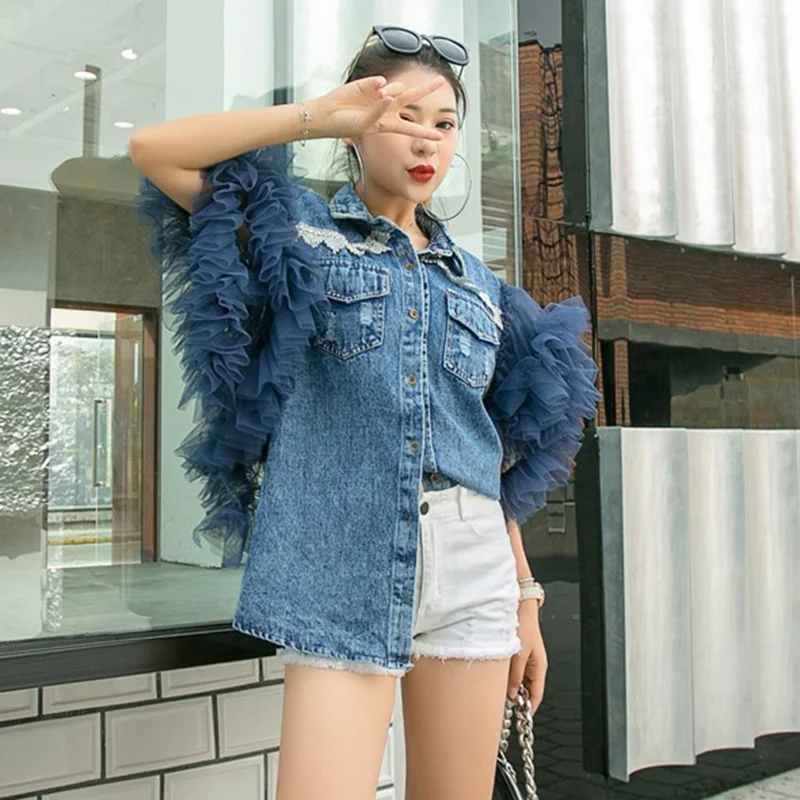 Toloer Patchwork Mesh Diamond Jacket For Women Lapel Sleeveless Casual Streetwear Denim Jackets Female Fashion New Clothing Spring