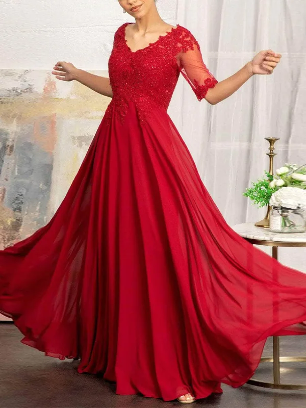 V-Neck Solid Color Lace Maxi Dress