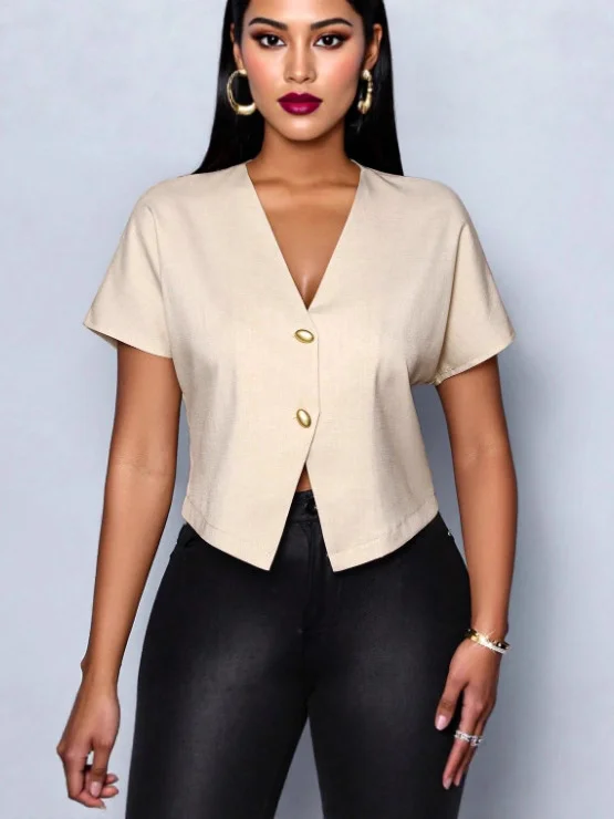 Nigikala Nigikala Solid Color V-Neck Metal Button Asymmetrical Sleeve Shirt