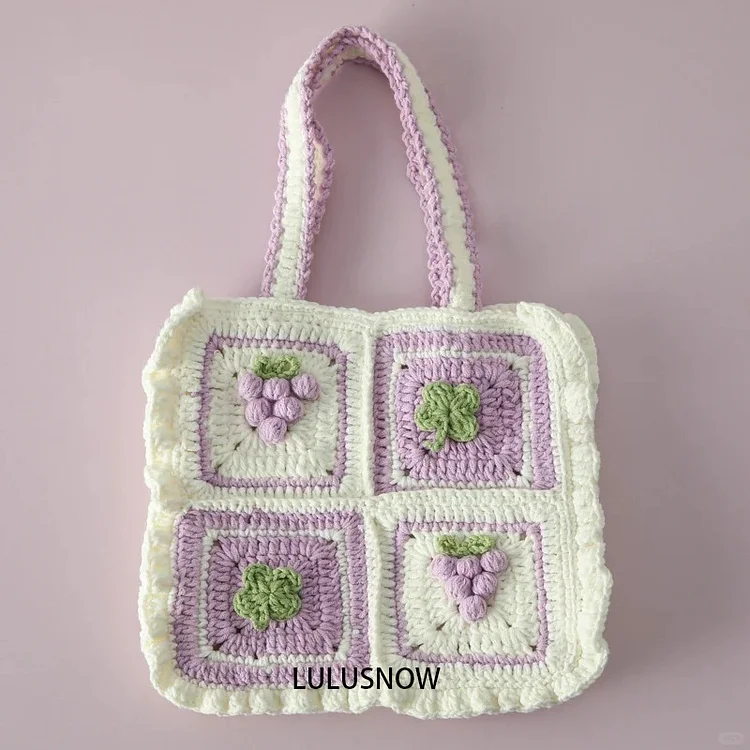 Lulusnow Handmade Purple 3D Grape Crochet Shoulder Bag 