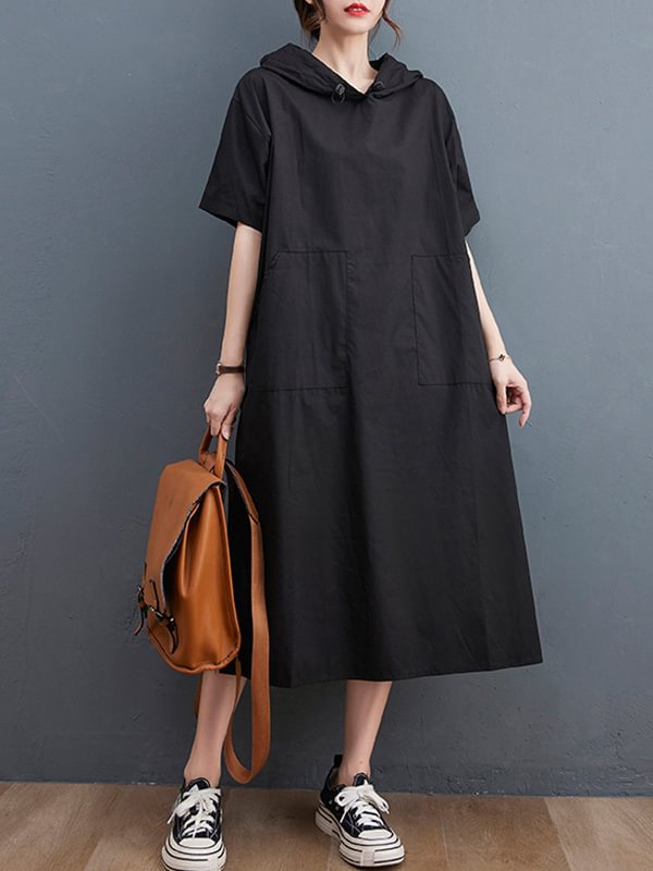 Urban Black&White Split-Side Short Sleeves Hooded Midi Dress