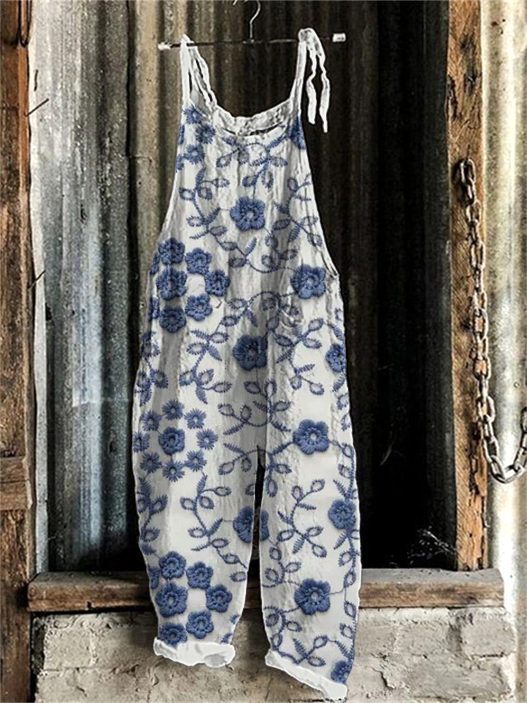 Embroidered Floral Linen Blend Casual Jumpsuit