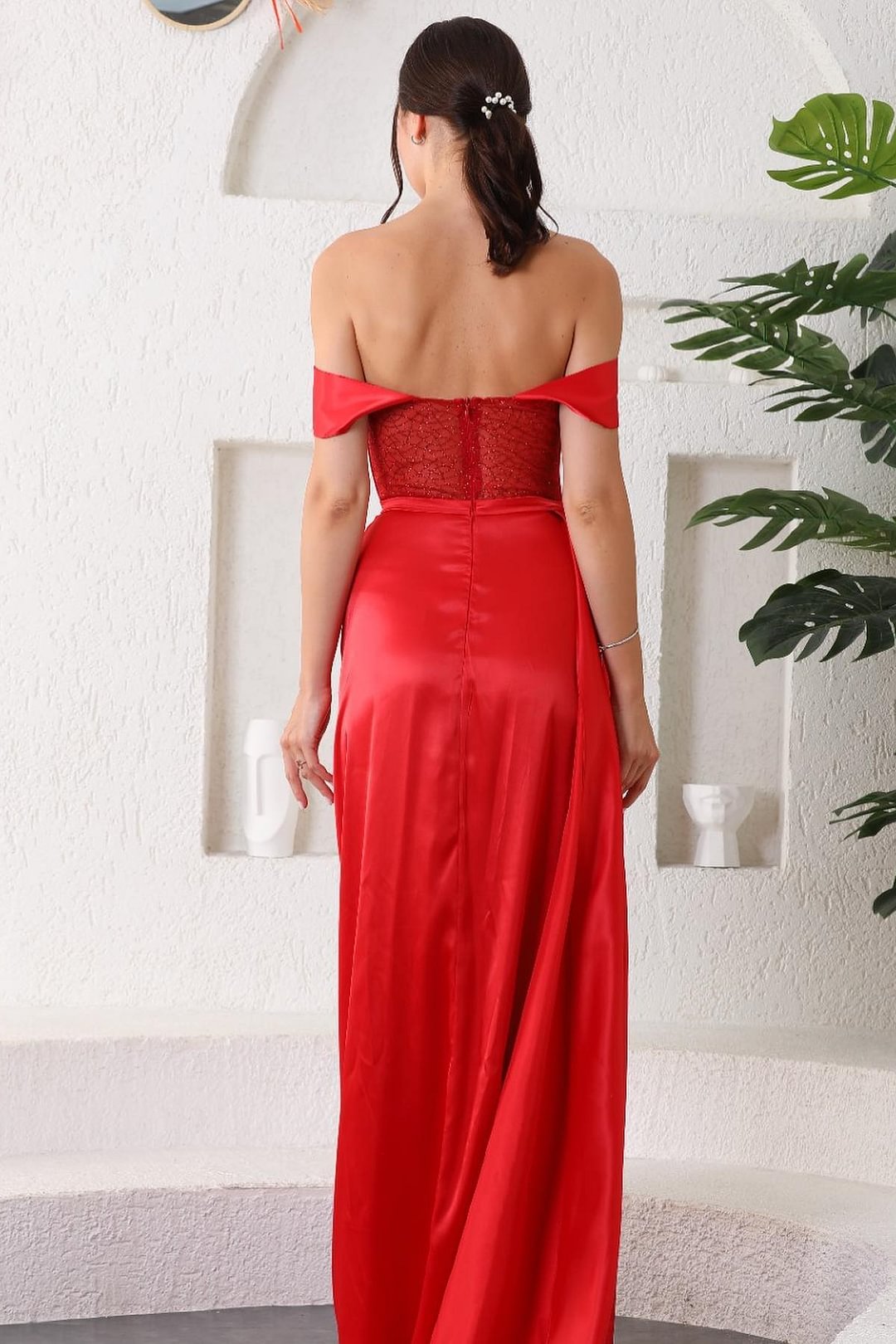 Daisda Red Sweetheart Off The Shoulder Mermaid Prom Dress With Slit