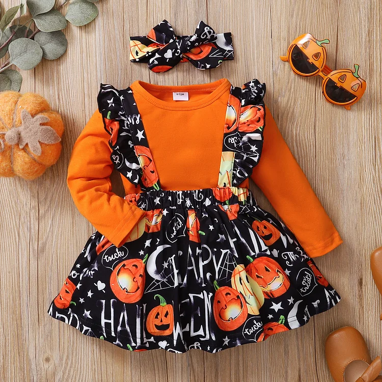 Baby Solid T-shirt & Suspender Printed Dress Set