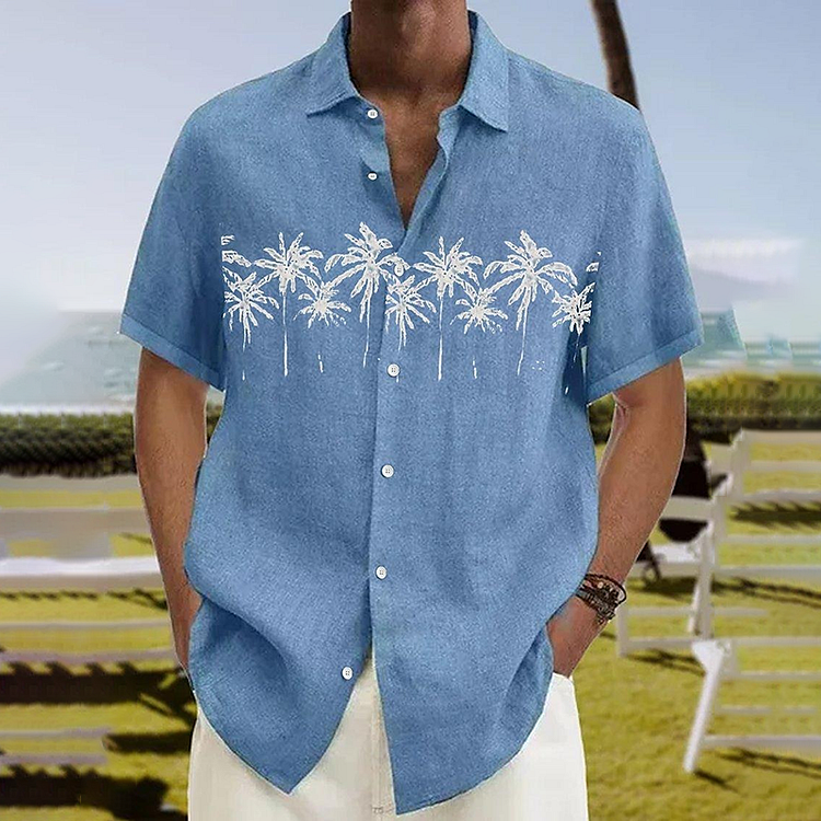 BrosWear Men'S Summer White Coconut Tree Short Sleeve Shirt
