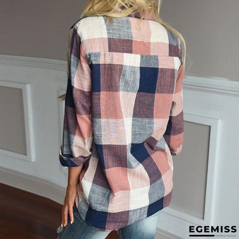Fashion women Casual Matching Color Long Sleeve Button Loose Plaid Shirt Top Blouse | EGEMISS