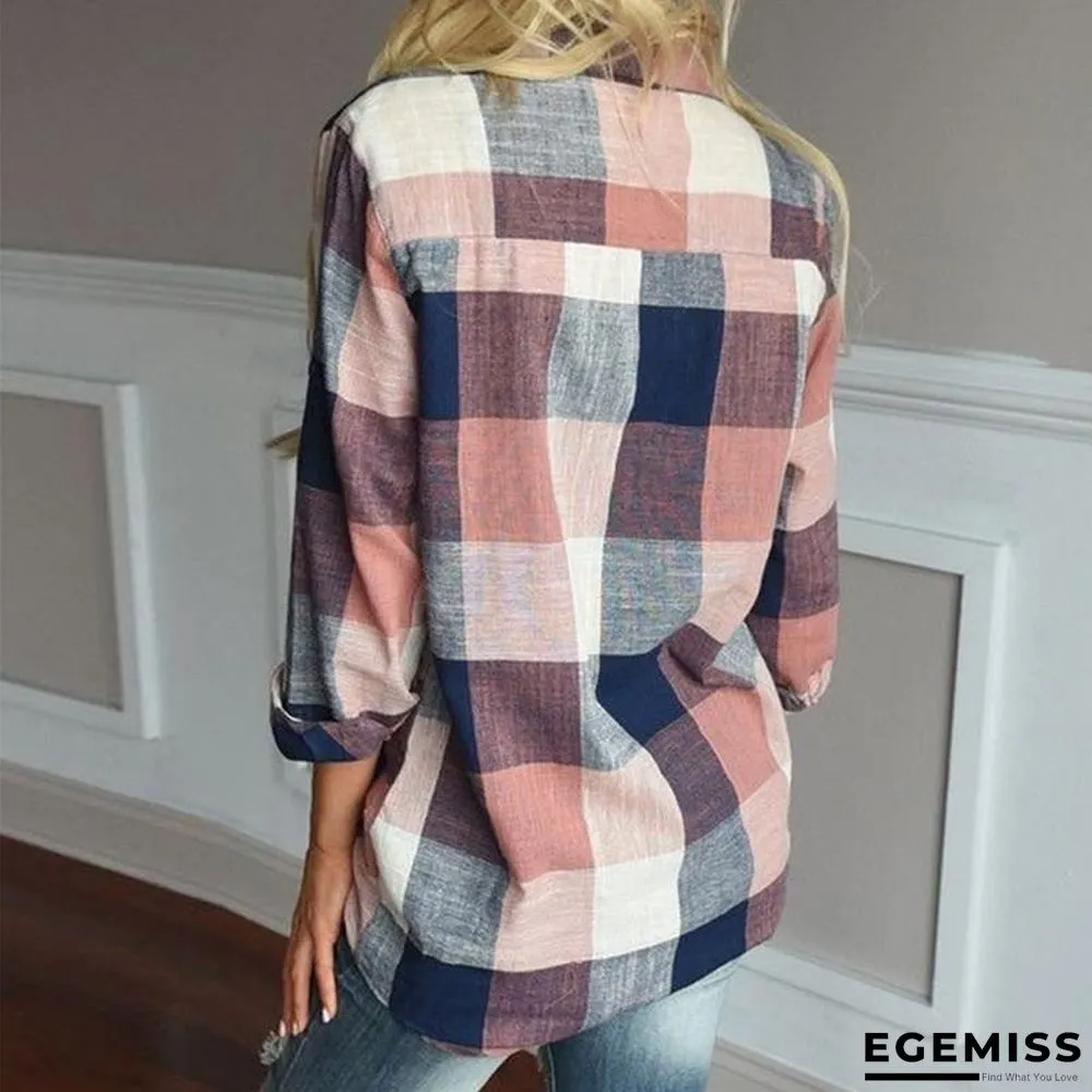 Fashion women Casual Matching Color Long Sleeve Button Loose Plaid Shirt Top Blouse | EGEMISS