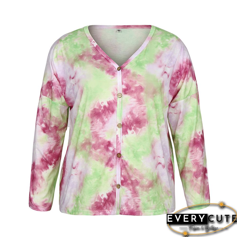 Rosy Tie Dye Button Front Plus Size Blouse