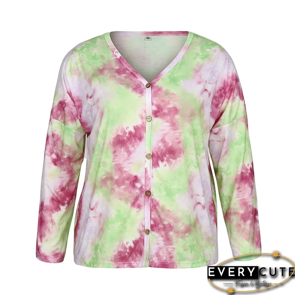 Rosy Tie Dye Button Front Plus Size Blouse