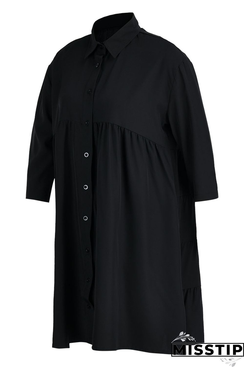 Black Casual Solid Patchwork Buckle Turndown Collar A Line Dresses