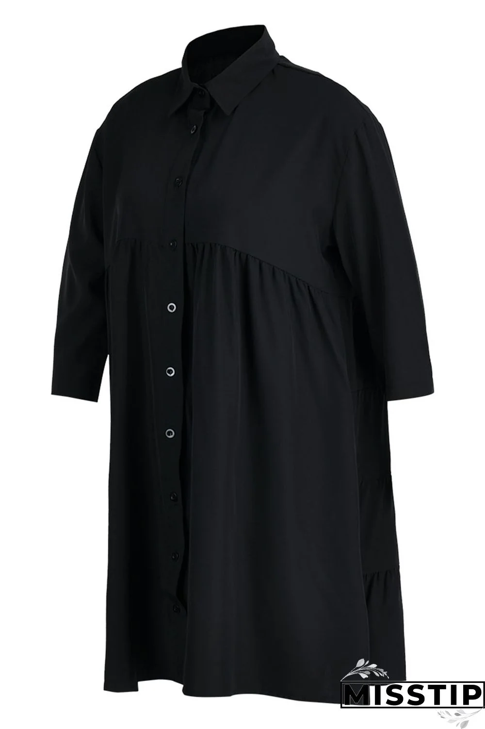 Black Casual Solid Patchwork Buckle Turndown Collar A Line Dresses