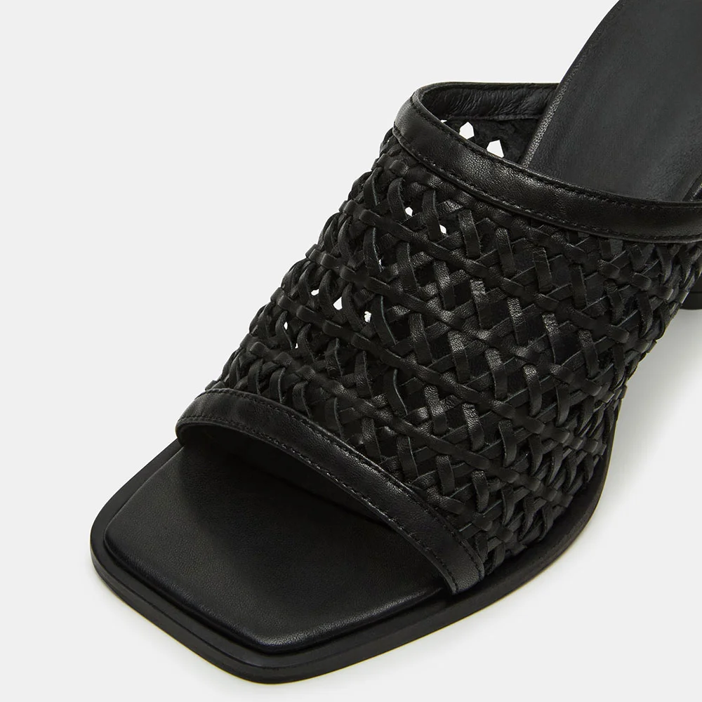 Chic Black Open Square Toe Woven Cylinder Heel Mules Sandals