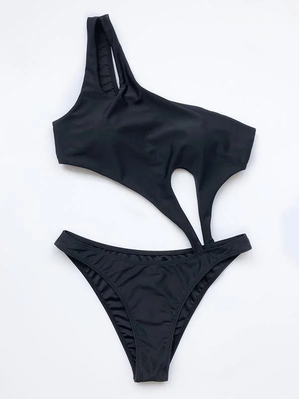 Asymmetric Hollow Solid Color One-Piece Swimwear