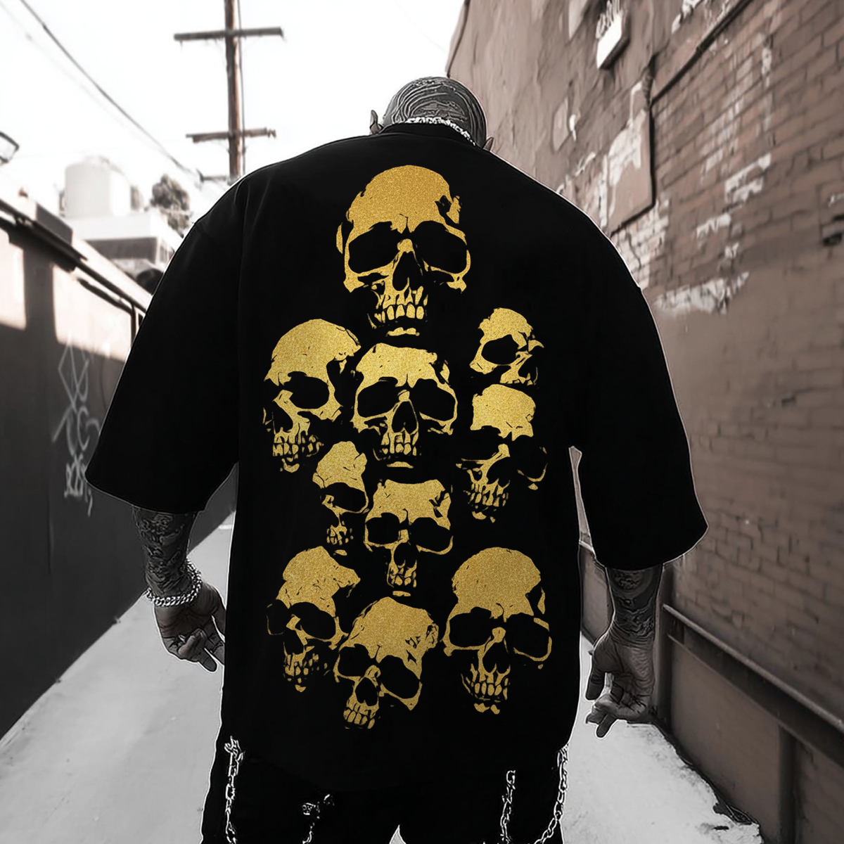 Gold Foil Skull Graphic Print Cotton T-Shirt