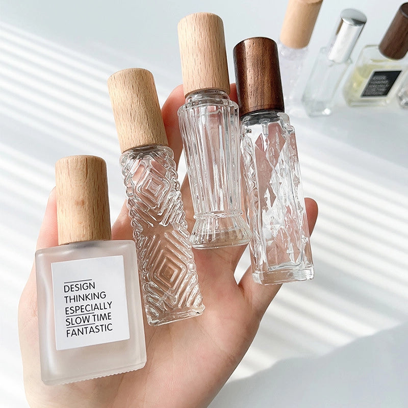 Perfume Sub-bottle High-end Portable 10 Ml Small Sample Bottle Press Bottle Glass Spray Replacement Bottle Wooden Lid Empty Bottle