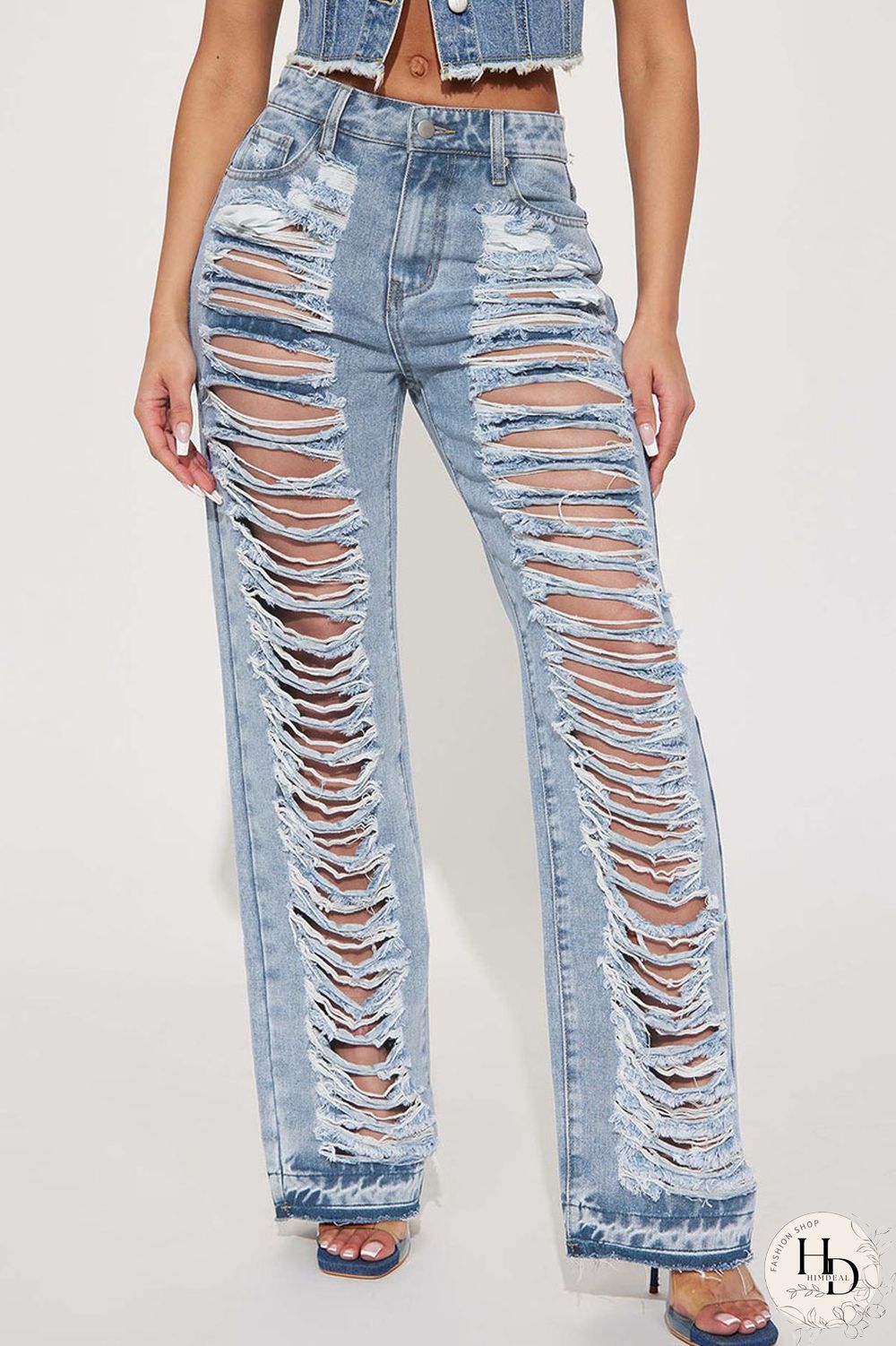 Sky Blue Street Solid Ripped Make Old Patchwork High Waist Denim Jeans