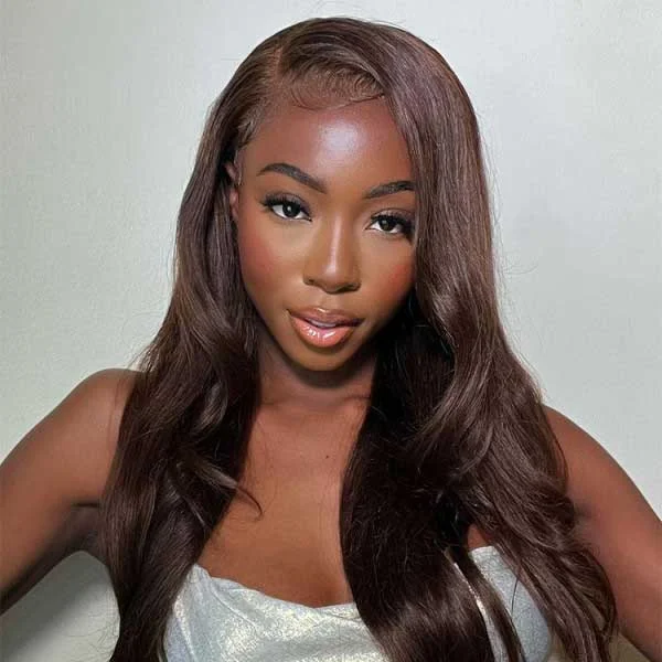 Junoda Chocolate Brown Straight Lace Front Wig Color #4 Affordable 12-30inch Medium Long Length Wigs