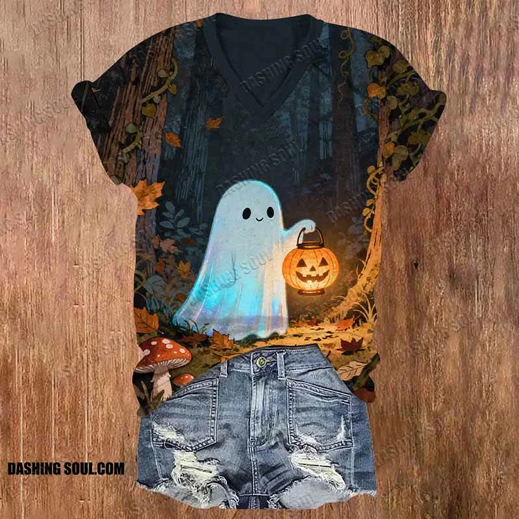Halloween Ghost Holding A Lighting Jack-o'-lantern Print V-neck T-shirt