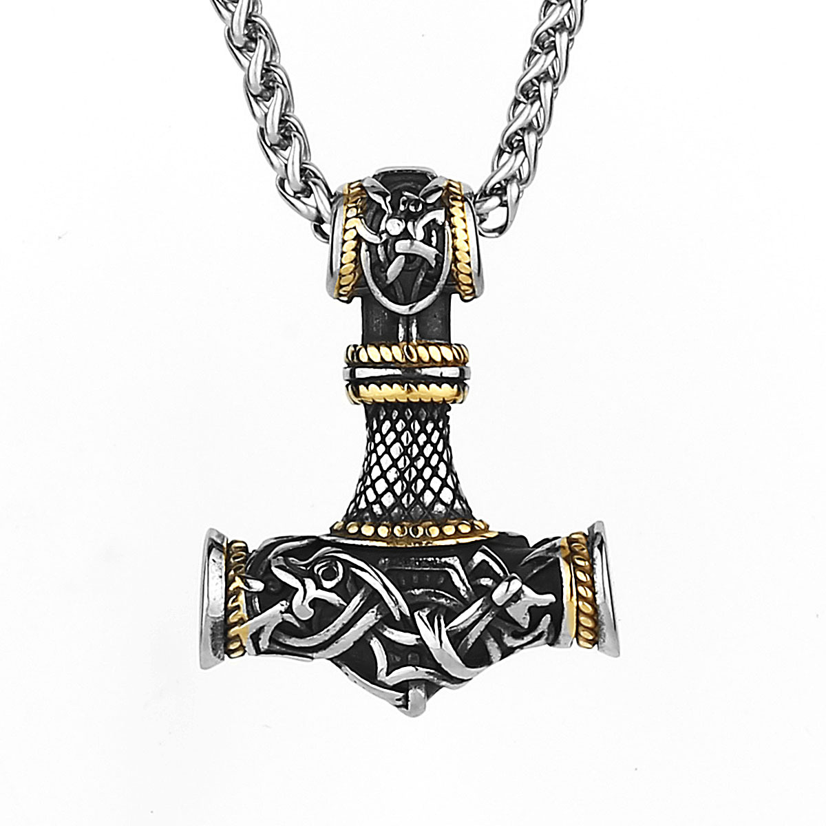 Viking Stainless Steel Mjölnir Pendant with 60cm Dragon-Bone Chain | Norse Mythology Inspired Necklace