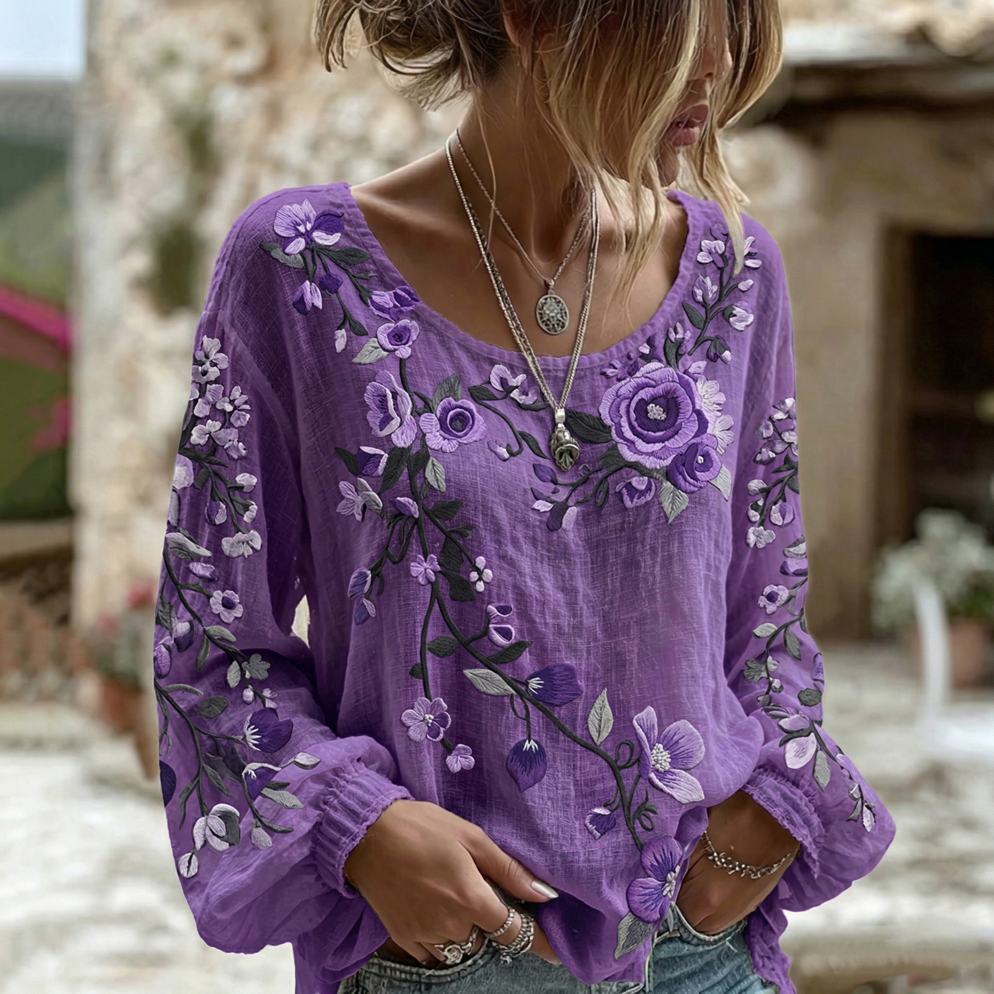 Women's Floral Print Crew Neck Long Sleeve Linen Blend T-shirt elevenforest