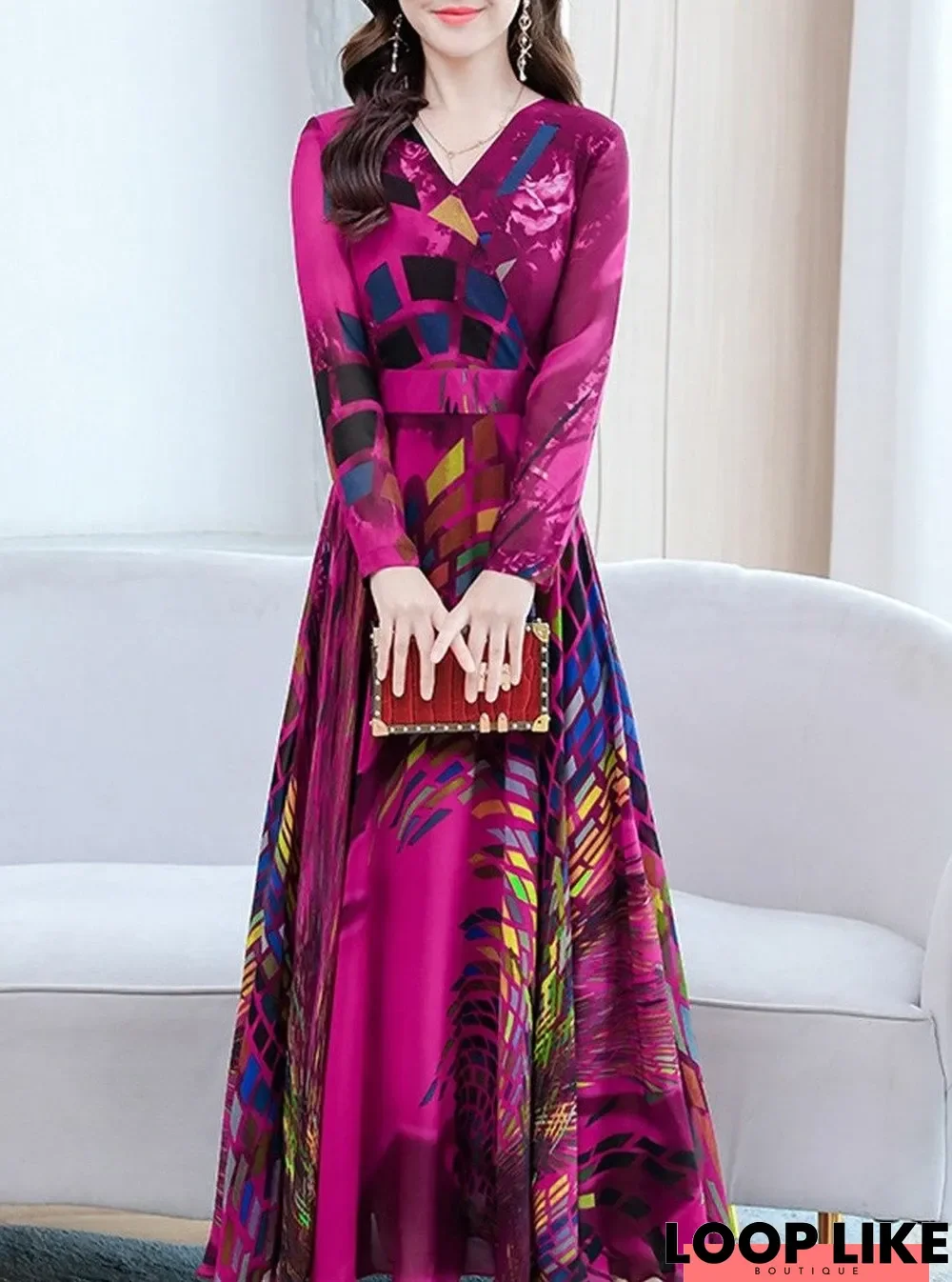 Long Sleeve Waist Printed V-Neck Maxi Dress
