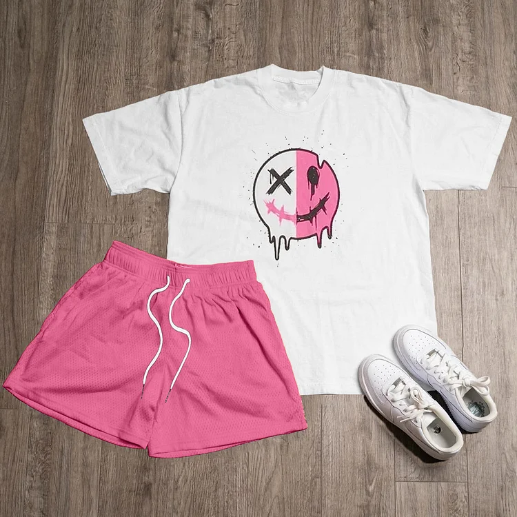 Funny Expression Print T-Shirt Shorts Two-Piece Set