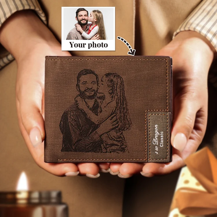 Deep Brown Personalized Leather Wallet Engraved Photo Short Purse Gifts For Men