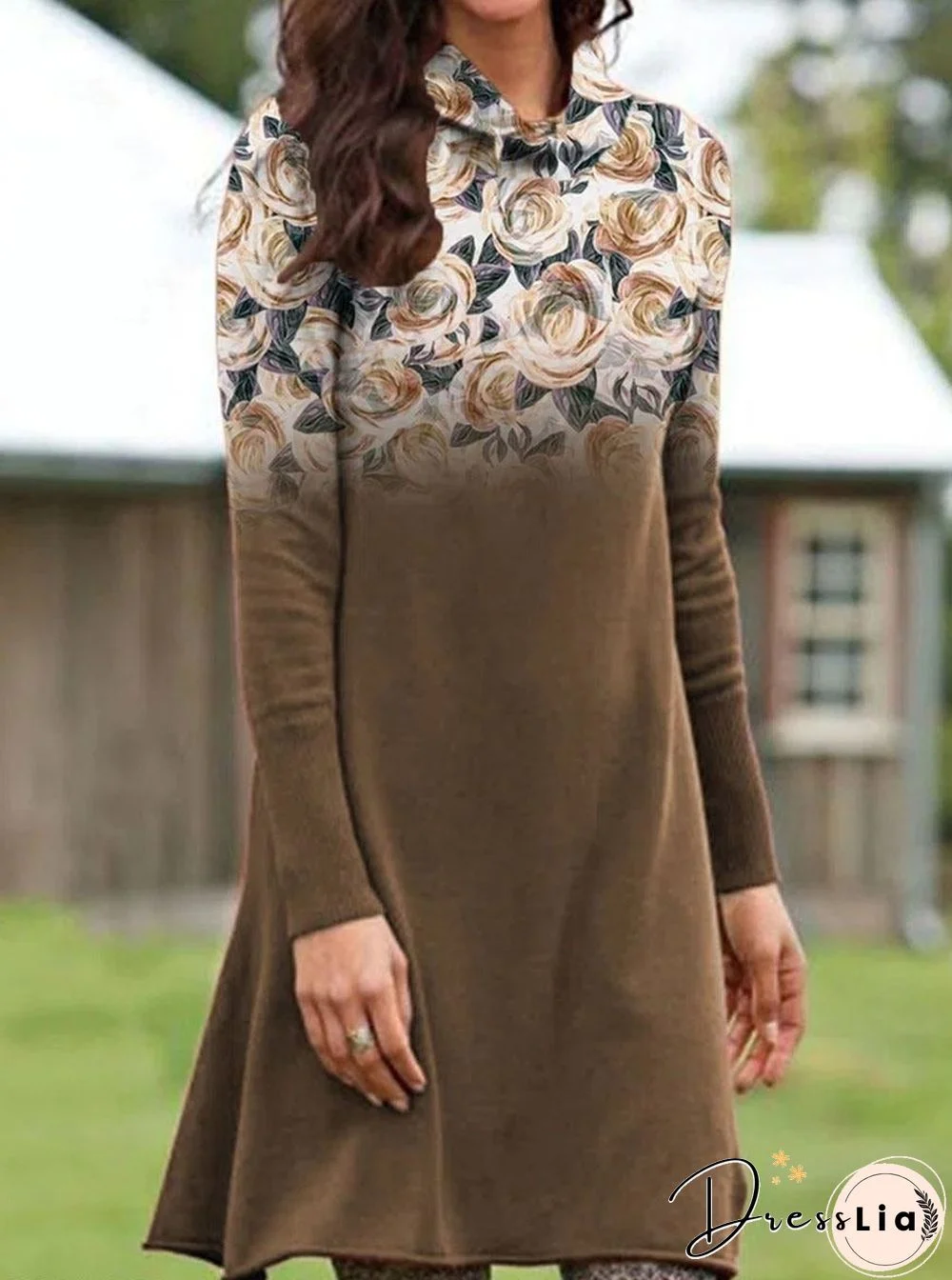 Flower Print Stack Neck Long Sleeve Casual Shift Dress